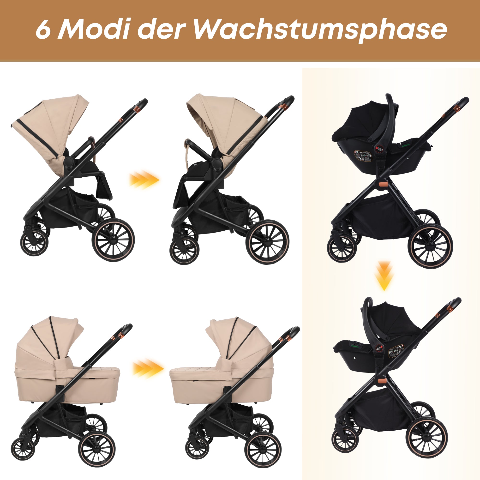 4 in 1 Kinderwagen-Set beige Premium-Travel System Babywanne+Buggy+Autositz
