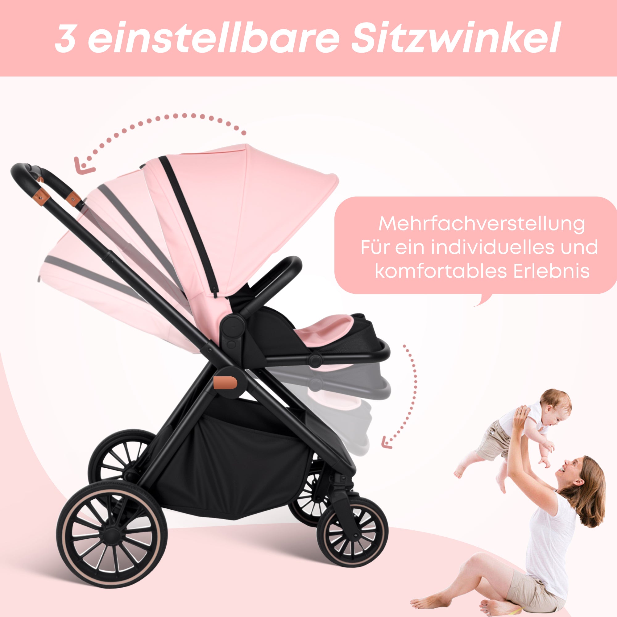 kinderwagen 2-in-1, Kirschblütenrosa Geeignet für Baby-Mädchen Zweiwege-Installation