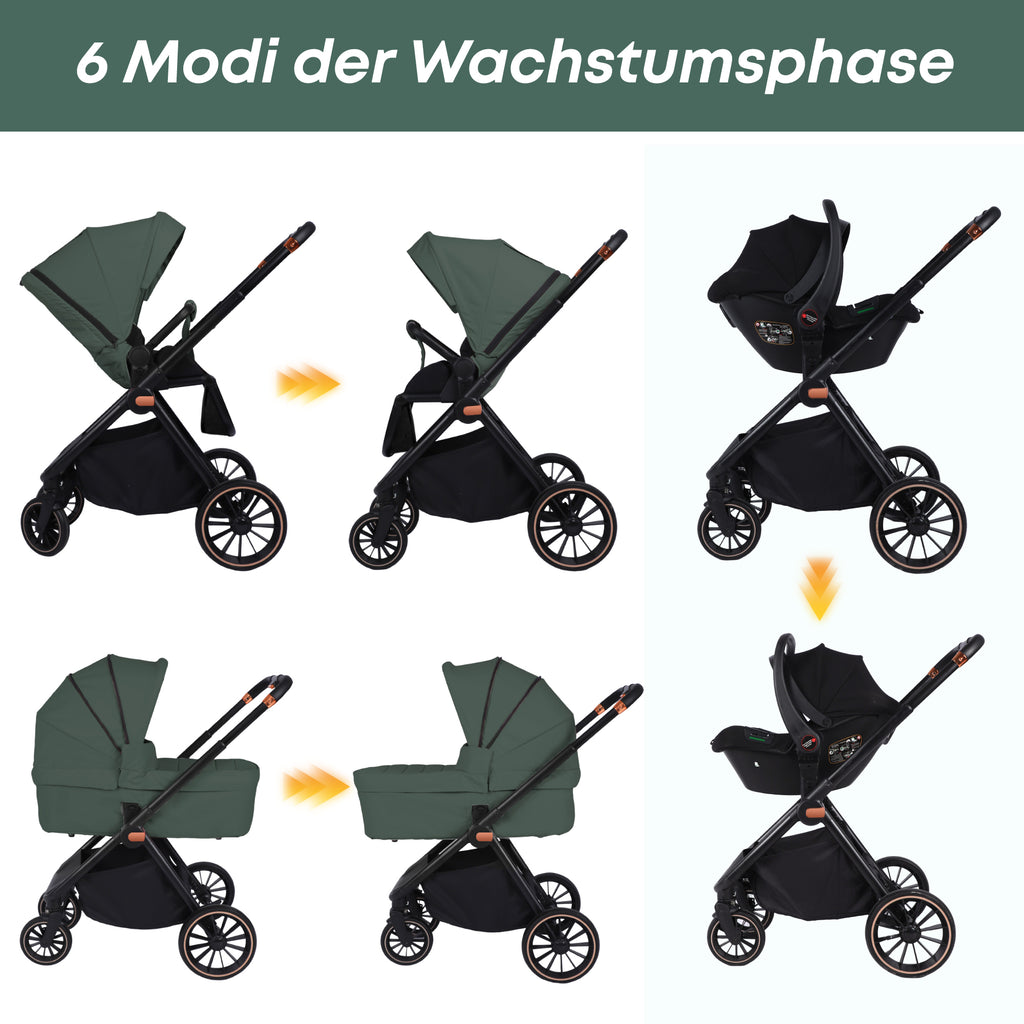 BabyVoyage 4 in 1 Kinderwagen Alpin Grün: Zwei Schiebe-Richtungen + Ein-Klick-Faltung