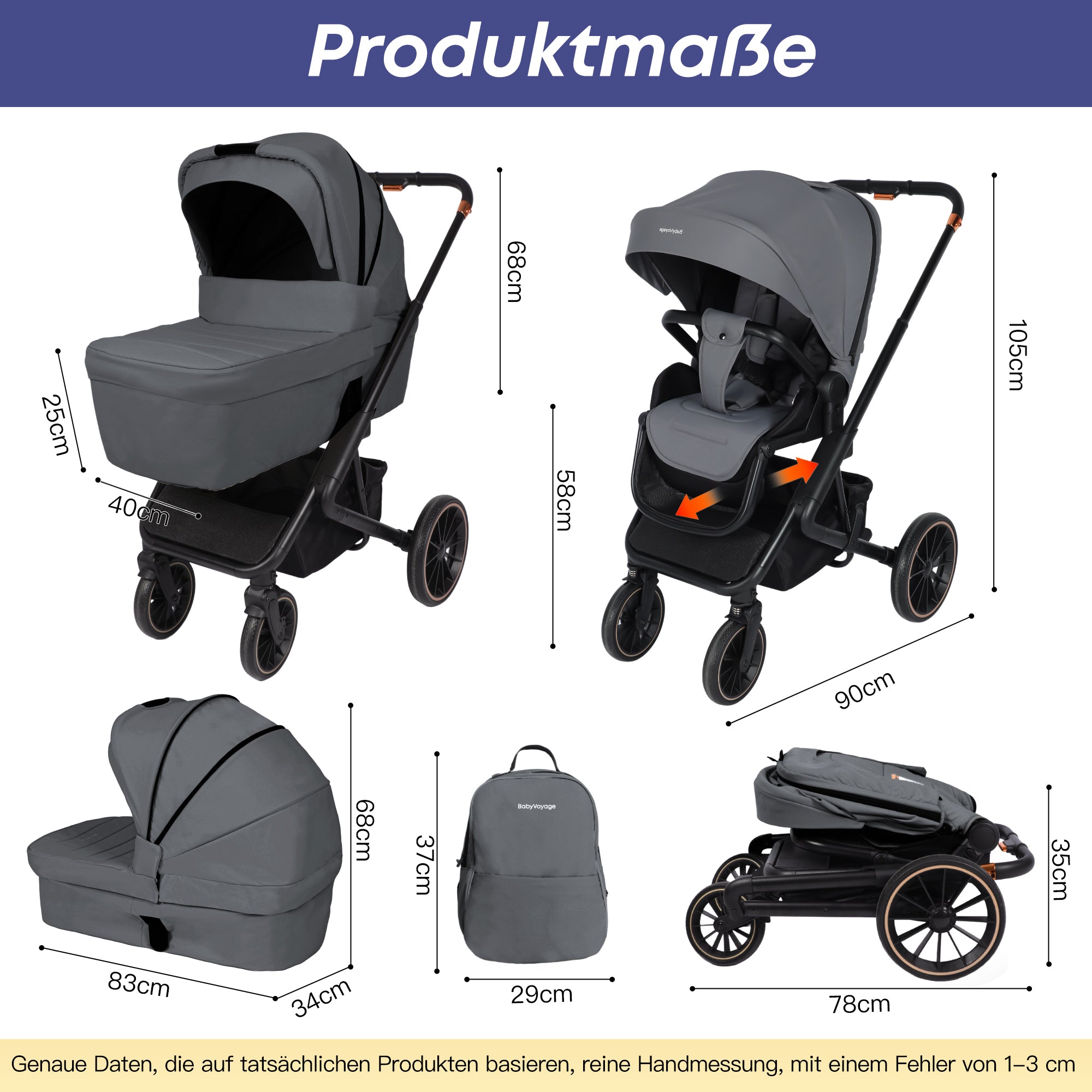 4-in-1-Kinderwagen inklusive Babyschale und Basis  Premium-Grau
