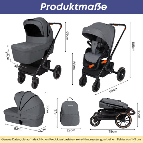 4-in-1-Kinderwagen inklusive Babyschale und Basis  Premium-Grau