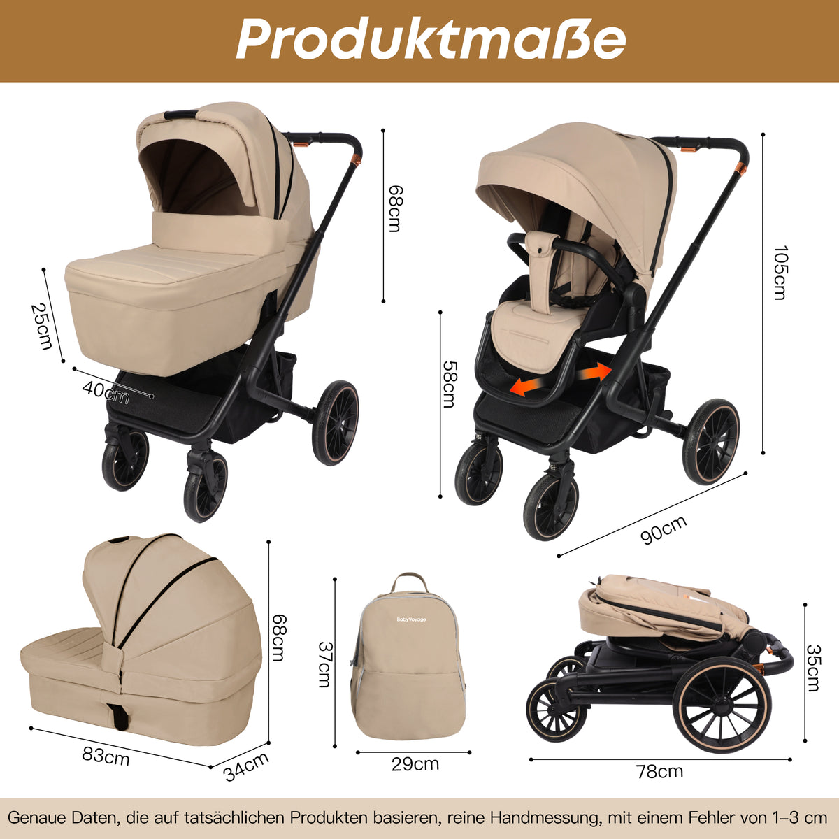 4 in 1 Kinderwagen-Set beige Premium-Travel System Babywanne+Buggy+Autositz