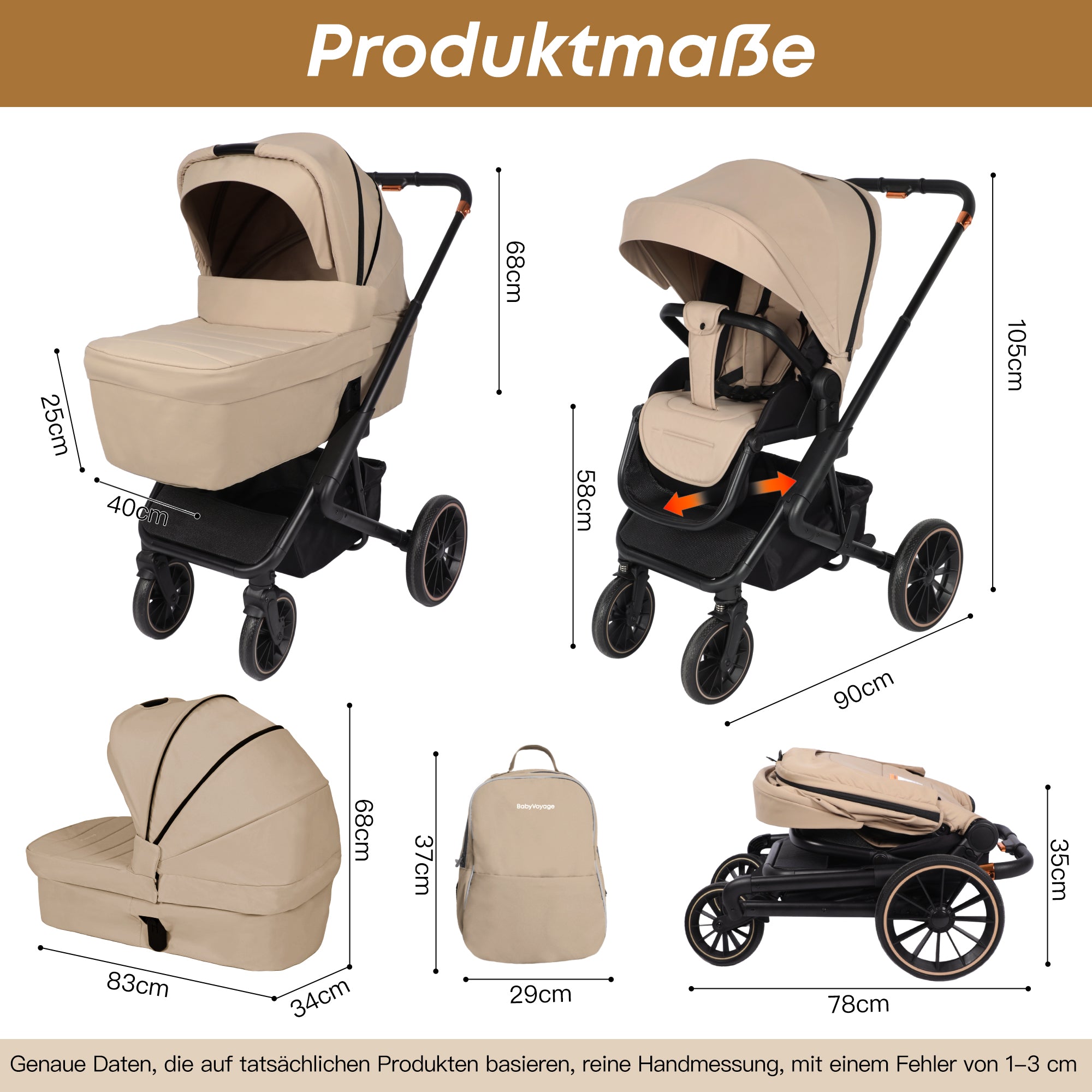 4 in 1 Kinderwagen-Set beige Premium-Travel System Babywanne+Buggy+Autositz