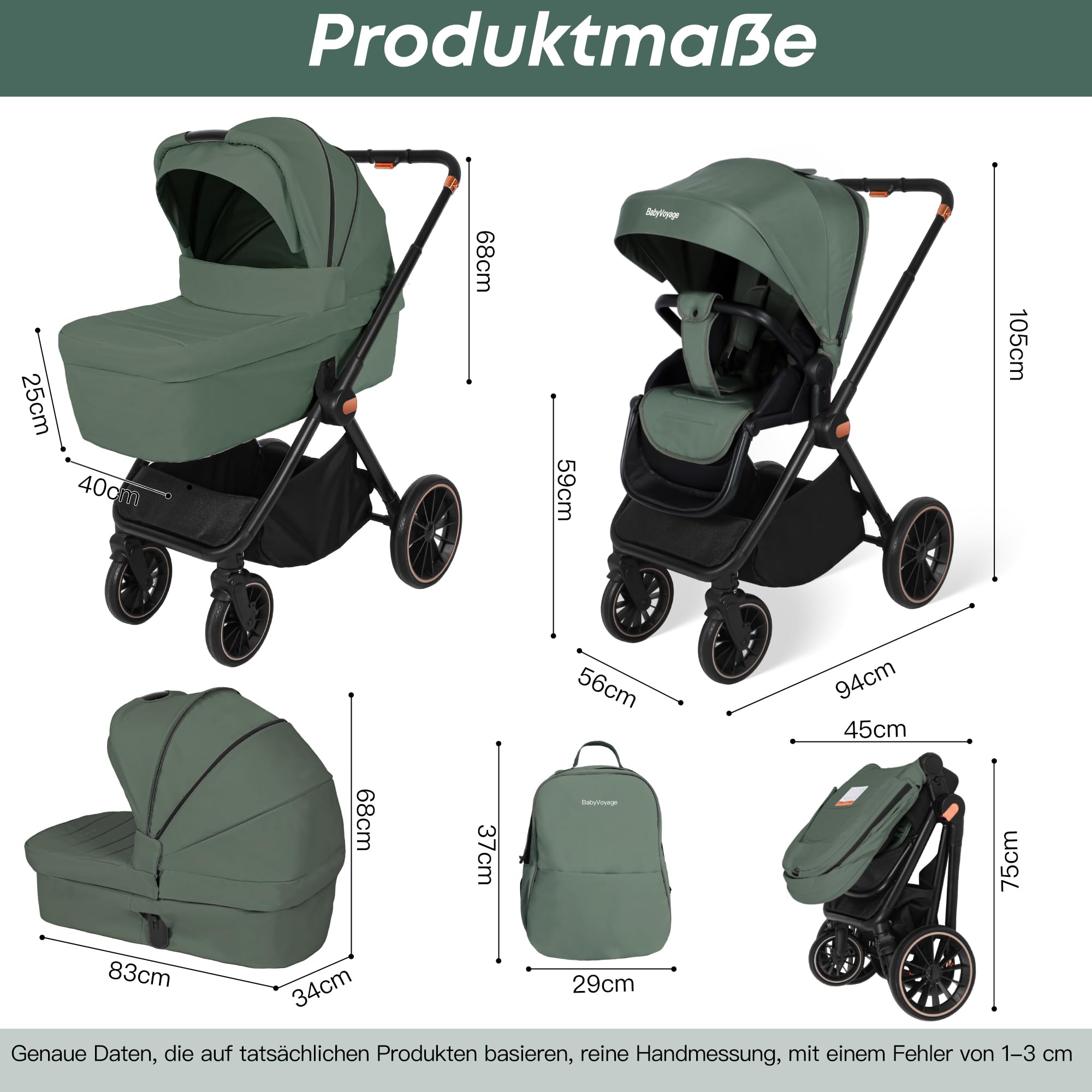 BabyVoyage 3-in-1Kinderwagen| Zweiweg-Montage & Einhand-Faltung Klassisches Grün
