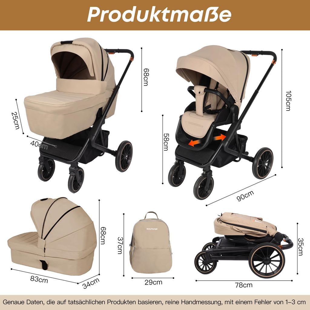 BabyVoyage 3in1 Kinderwagen Set:  Babywanne & Sicherheitssitz Khaki