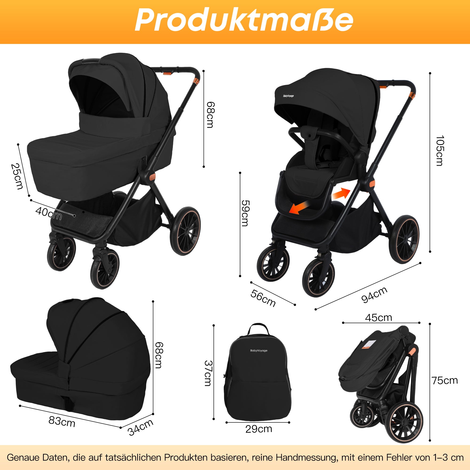 Kinderwagen 4in1 Stressfreie Übergänge:  I Einhand-Faltung I Mit Sonnen-& Insektenschutz