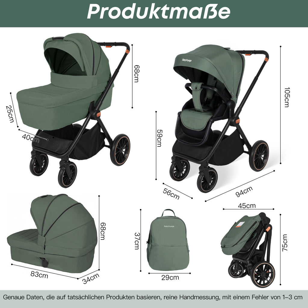 BabyVoyage 4 in 1 Kinderwagen Alpin Grün: Zwei Schiebe-Richtungen + Ein-Klick-Faltung