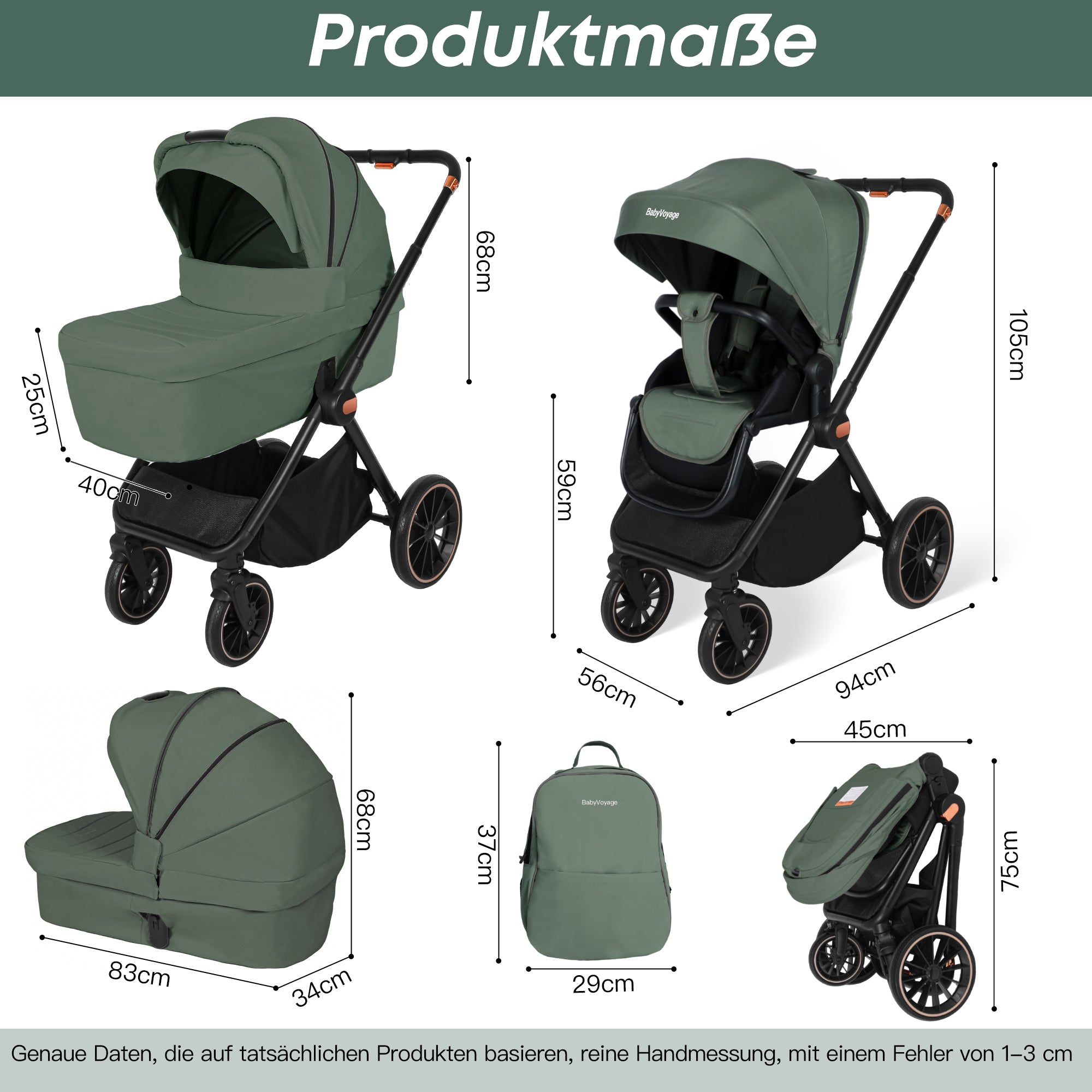 BabyVoyage 4 in 1 Kinderwagen Alpin Grün: Zwei Schiebe-Richtungen + Ein-Klick-Faltung