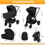 BabyVoyage 3-in-1 Tiefschwarz-Kinderwagen | Militäraluminium + XXL-Wickeltasche | Einhand-Faltung & Allwettertauglich