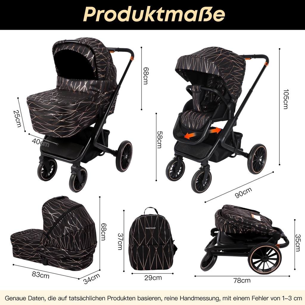 BabyVoyage 4-in-1 Kinderwagen set Schwarz und Gold Nahtloser Wechsel zwischen mehreren Szenen