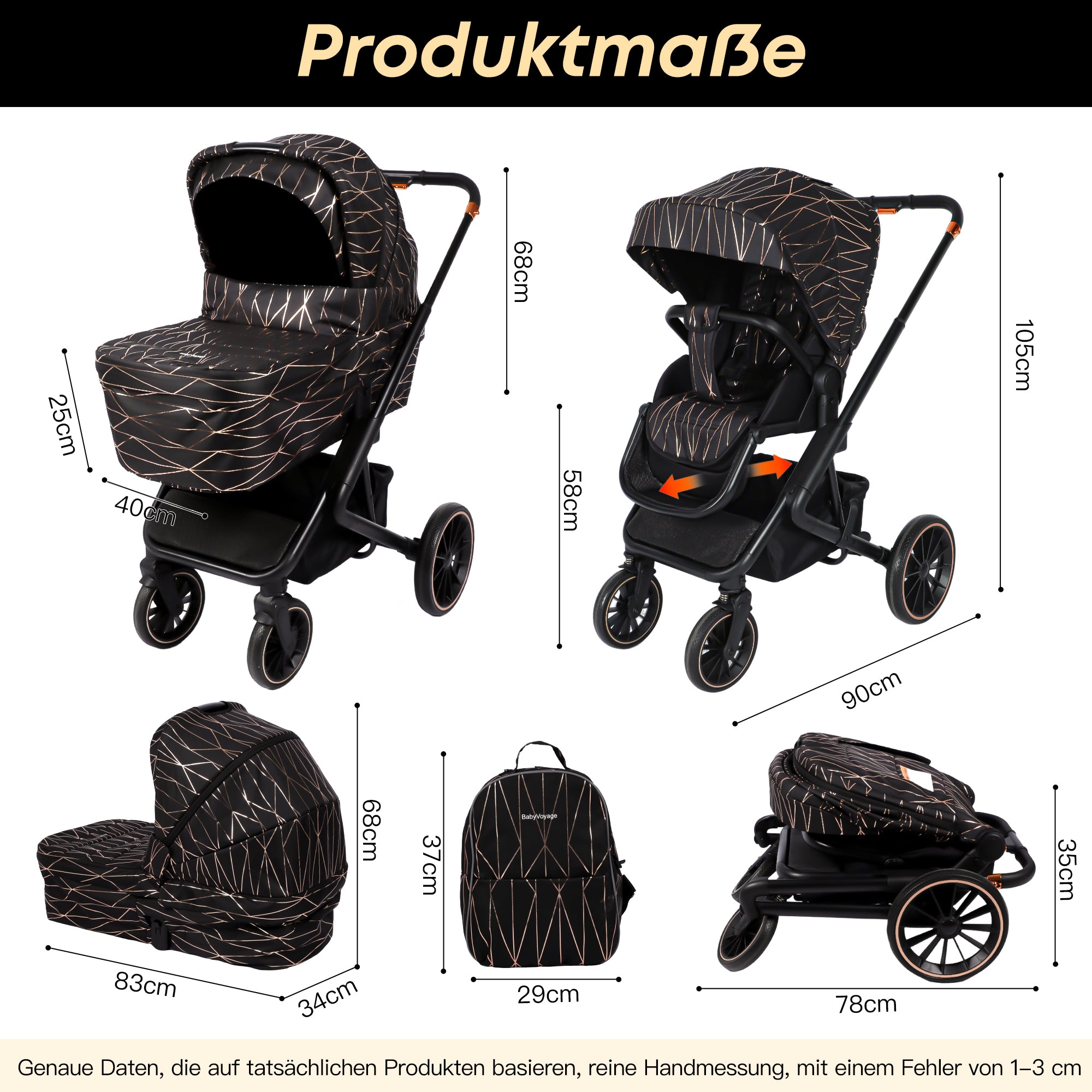 BabyVoyage 4-in-1 Kinderwagen set Schwarz und Gold Nahtloser Wechsel zwischen mehreren Szenen